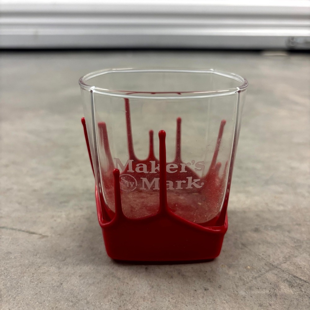Makers Mark Bourbon Whiskey Rocks Glass Red Wax Drip Square Base Barware
